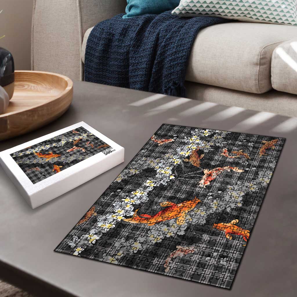 Black Palaka Hawaiian And Japanese Puzzle Sakura Lei With Koi Fish - Polynesian Pride