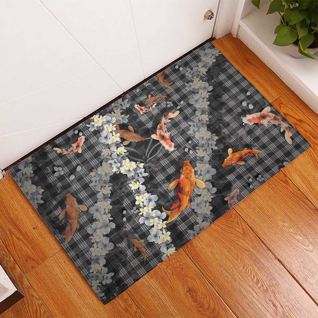 Black Palaka Hawaiian And Japanese Rubber Doormat Sakura Lei With Koi Fish - Polynesian Pride