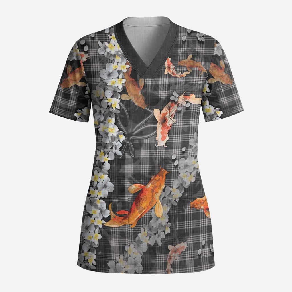 Black Palaka Hawaiian And Japanese Scrub Top Sakura Lei With Koi Fish - Polynesian Pride