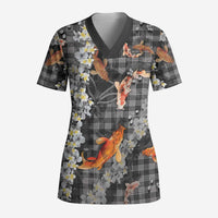 Black Palaka Hawaiian And Japanese Scrub Top Sakura Lei With Koi Fish - Polynesian Pride