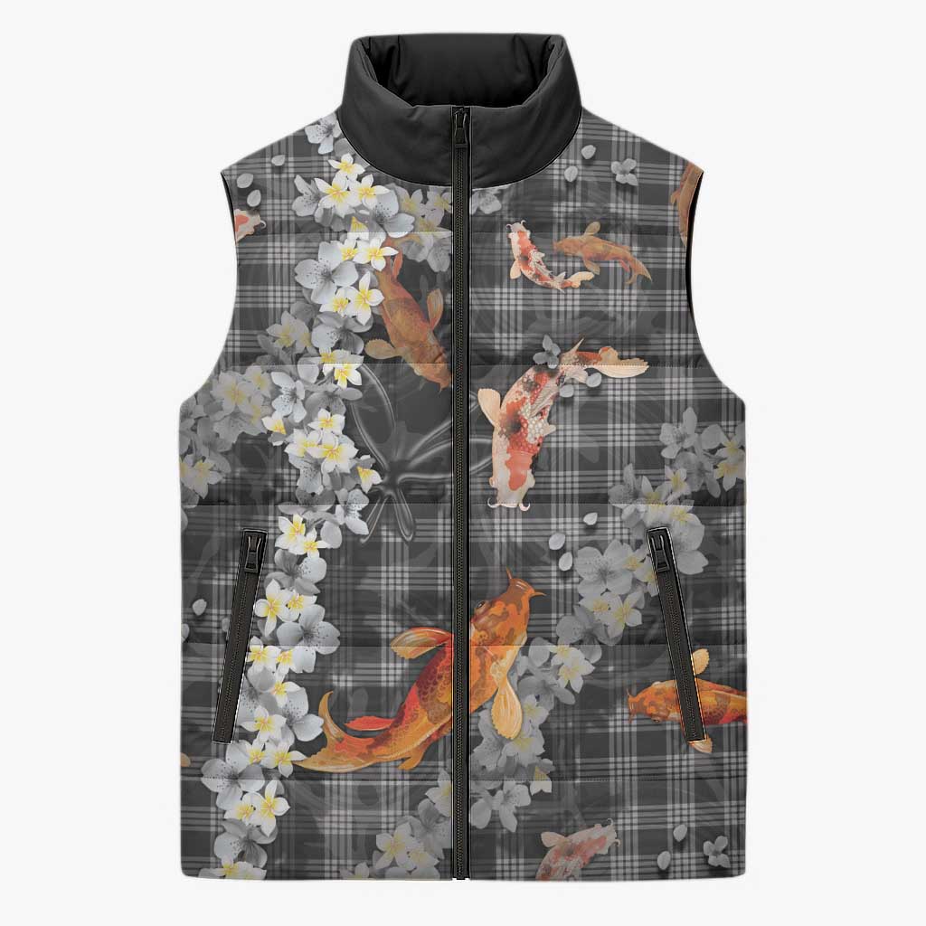 Black Palaka Hawaiian And Japanese Sleeveless Puffer Jacket Sakura Lei With Koi Fish - Polynesian Pride