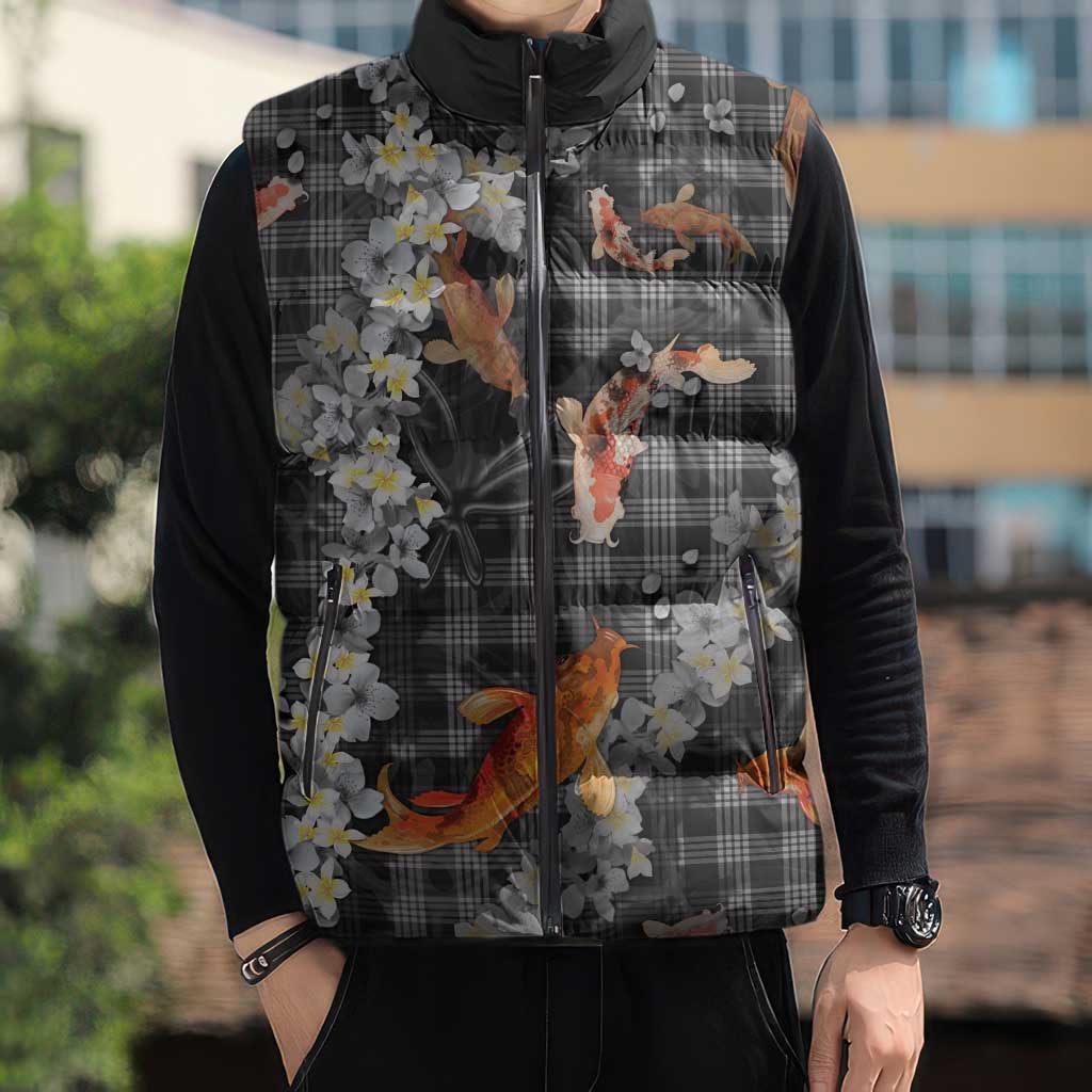Black Palaka Hawaiian And Japanese Sleeveless Puffer Jacket Sakura Lei With Koi Fish - Polynesian Pride