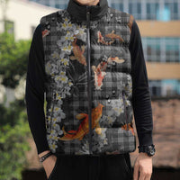 Black Palaka Hawaiian And Japanese Sleeveless Puffer Jacket Sakura Lei With Koi Fish - Polynesian Pride