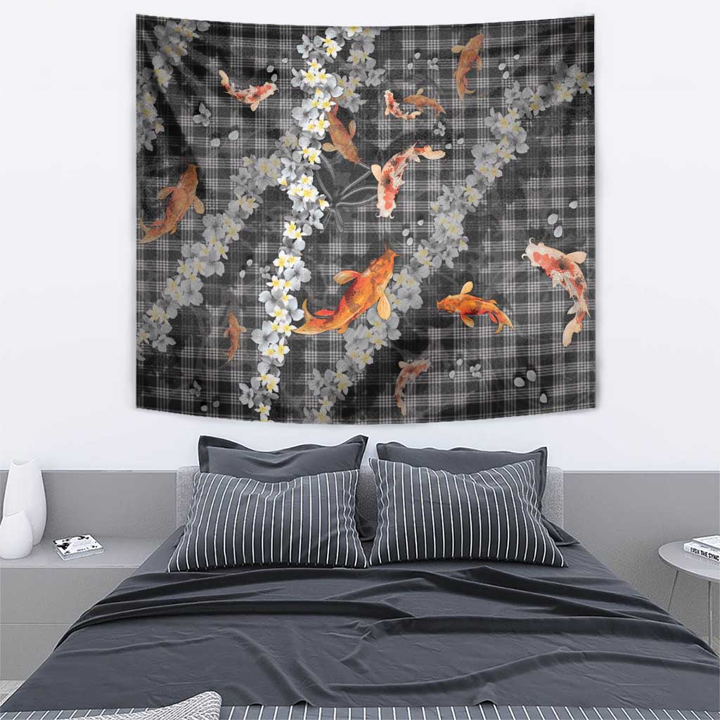 Black Palaka Hawaiian And Japanese Tapestry Sakura Lei With Koi Fish - Polynesian Pride