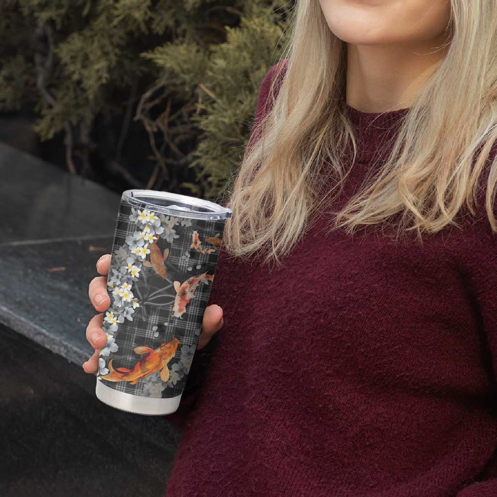 Black Palaka Hawaiian And Japanese Tumbler Cup Sakura Lei With Koi Fish - Polynesian Pride