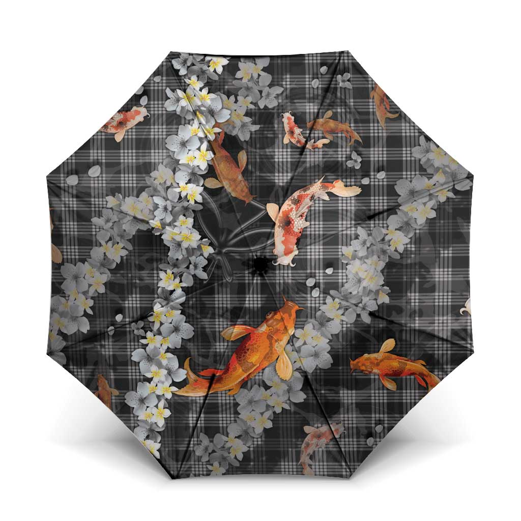 Black Palaka Hawaiian And Japanese Umbrella Sakura Lei With Koi Fish - Polynesian Pride
