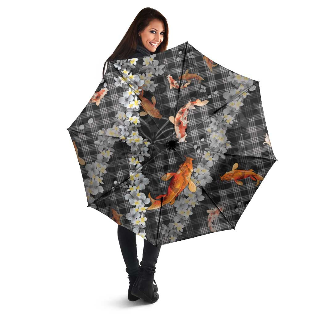 Black Palaka Hawaiian And Japanese Umbrella Sakura Lei With Koi Fish - Polynesian Pride
