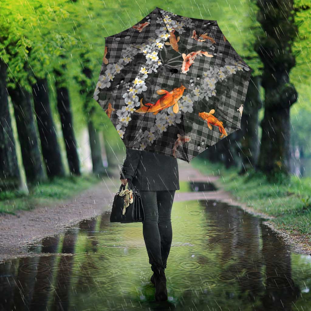 Black Palaka Hawaiian And Japanese Umbrella Sakura Lei With Koi Fish - Polynesian Pride