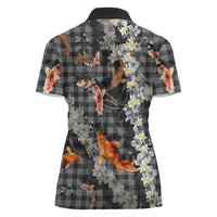 Black Palaka Hawaiian And Japanese Women Polo Shirt Sakura Lei With Koi Fish - Polynesian Pride