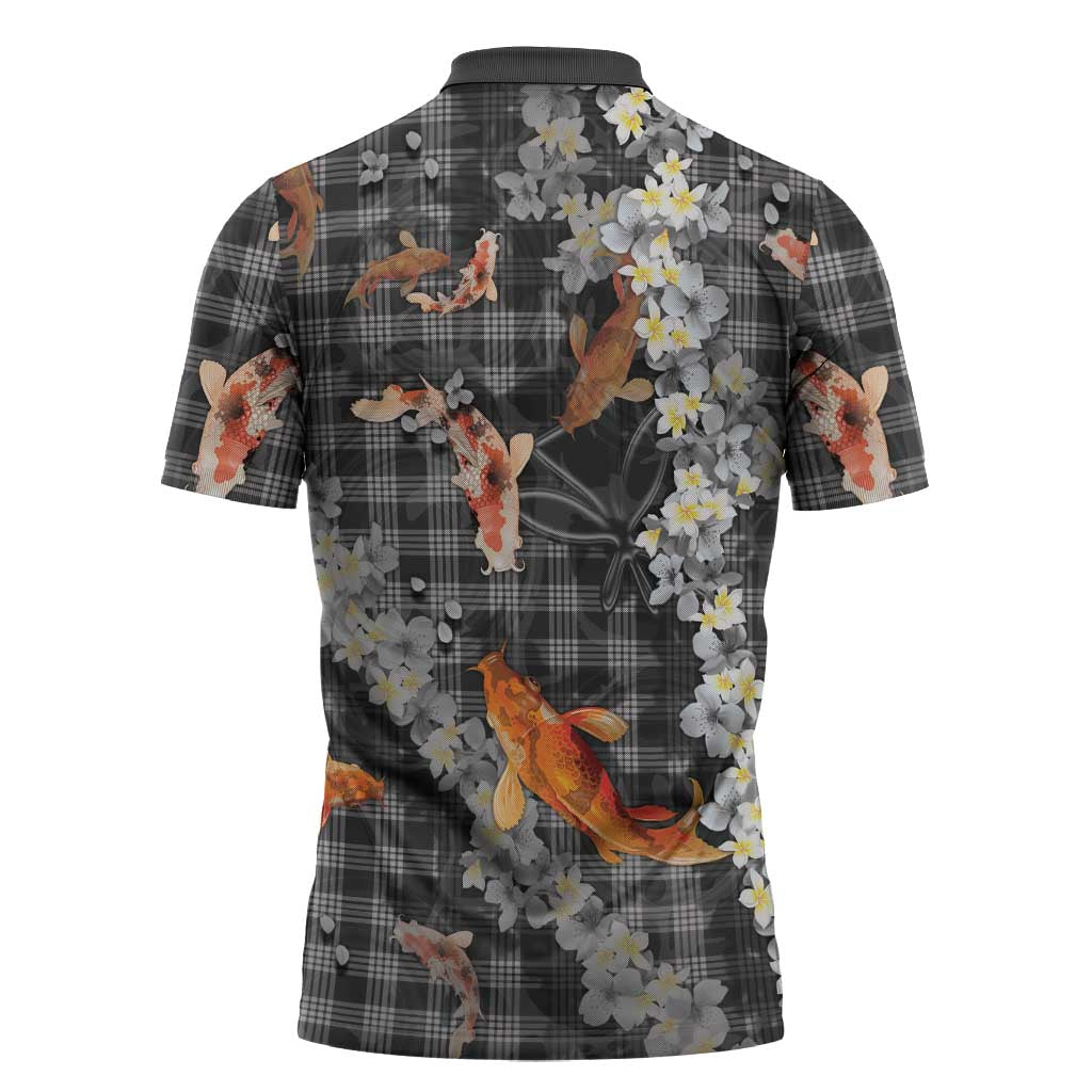 Black Palaka Hawaiian And Japanese Zipper Polo Shirt Sakura Lei With Koi Fish - Polynesian Pride