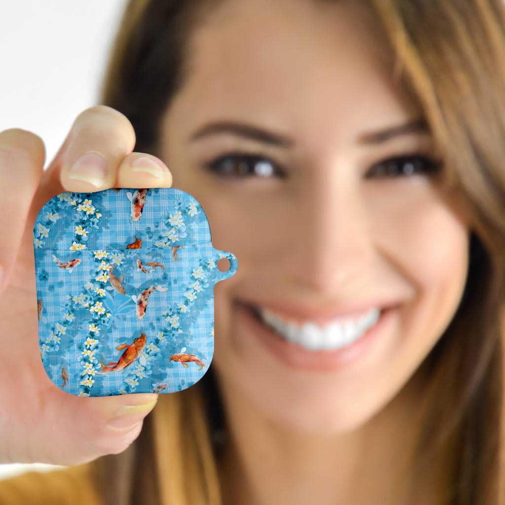 Blue Palaka Hawaiian And Japanese AirPods Case Sakura Lei With Koi Fish - Polynesian Pride