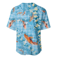 Blue Palaka Hawaiian And Japanese Baseball Jersey Sakura Lei With Koi Fish - Polynesian Pride