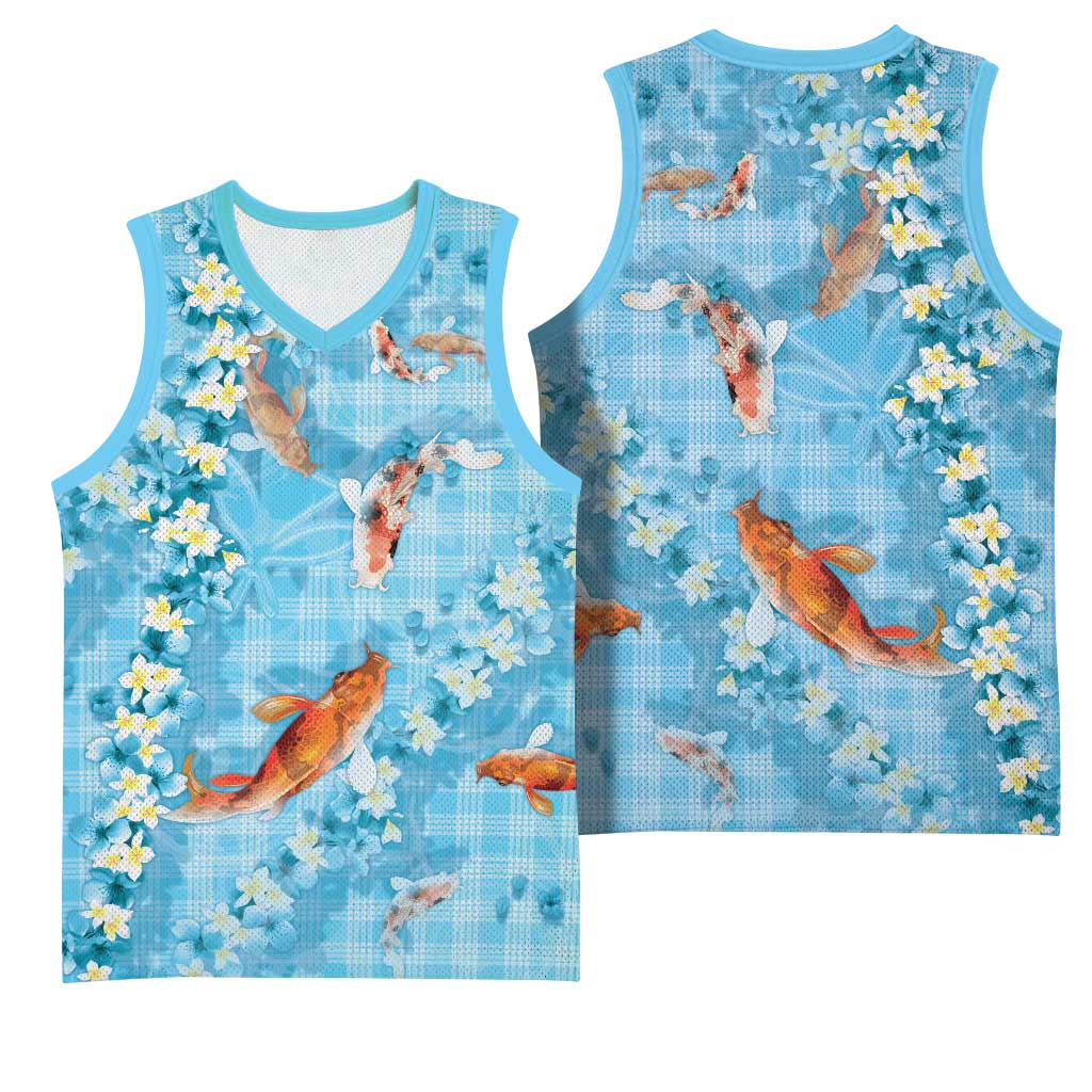 Blue Palaka Hawaiian And Japanese Basketball Jersey Sakura Lei With Koi Fish - Polynesian Pride