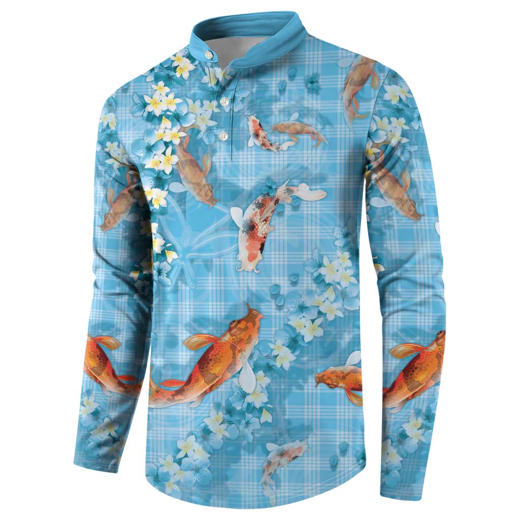 Blue Palaka Hawaiian And Japanese Button Sweatshirt Sakura Lei With Koi Fish - Polynesian Pride