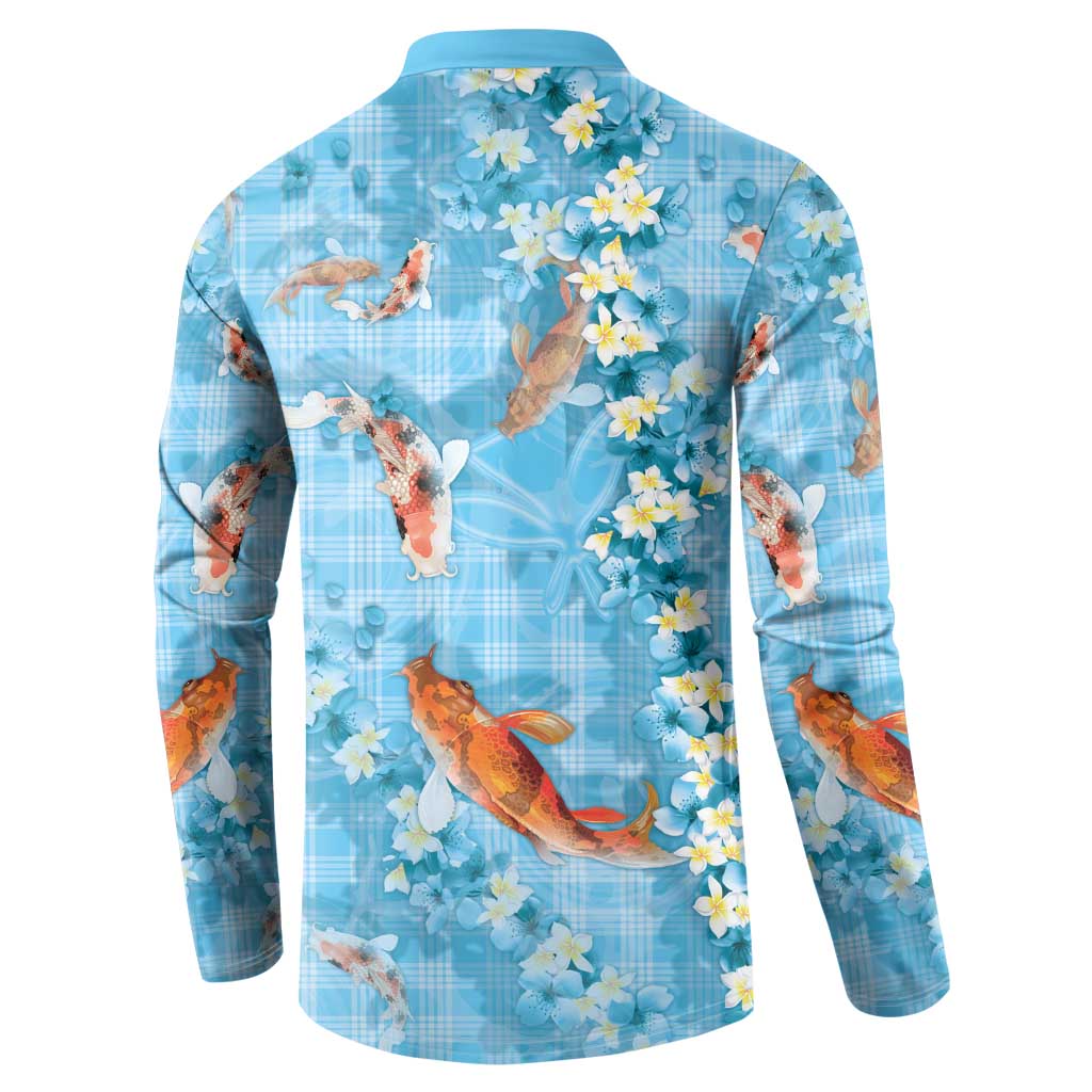 Blue Palaka Hawaiian And Japanese Button Sweatshirt Sakura Lei With Koi Fish - Polynesian Pride