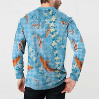 Blue Palaka Hawaiian And Japanese Button Sweatshirt Sakura Lei With Koi Fish - Polynesian Pride