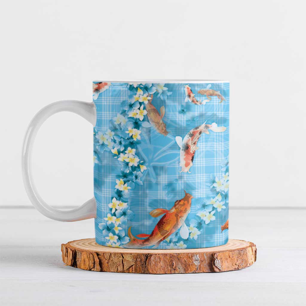 Blue Palaka Hawaiian And Japanese Ceramic Mug Sakura Lei With Koi Fish - Polynesian Pride