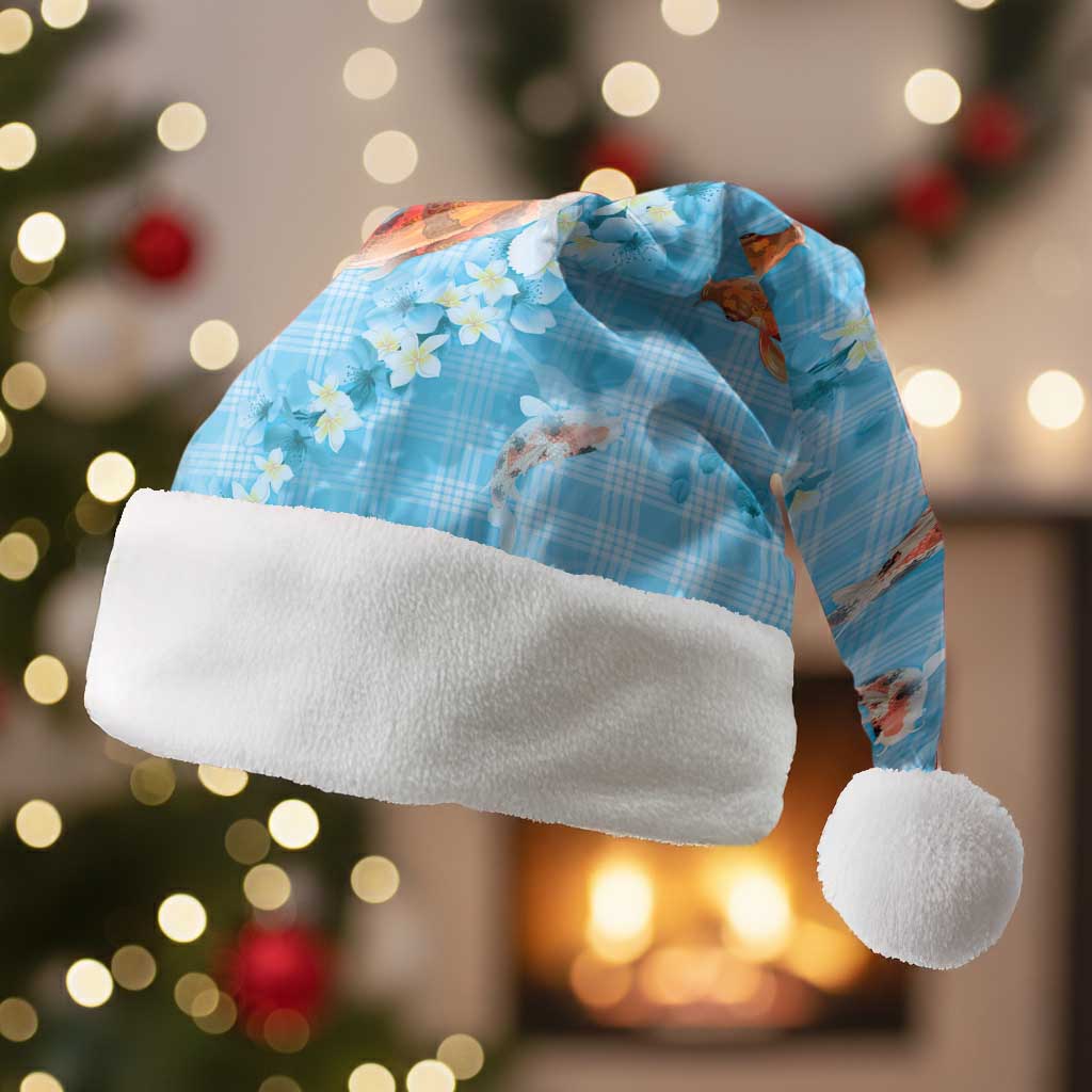 Blue Palaka Hawaiian And Japanese Christmas Santa Hat Sakura Lei With Koi Fish - Polynesian Pride