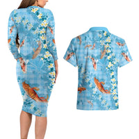 Blue Palaka Hawaiian And Japanese Couples Matching Long Sleeve Bodycon Dress and Hawaiian Shirt Sakura Lei With Koi Fish DT05 - Polynesian Pride