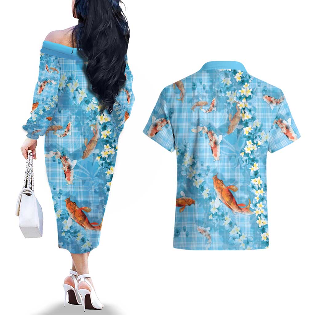 Blue Palaka Hawaiian And Japanese Couples Matching Off The Shoulder Long Sleeve Dress and Hawaiian Shirt Sakura Lei With Koi Fish DT05 - Polynesian Pride