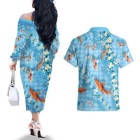 Blue Palaka Hawaiian And Japanese Couples Matching Off The Shoulder Long Sleeve Dress and Hawaiian Shirt Sakura Lei With Koi Fish DT05 - Polynesian Pride