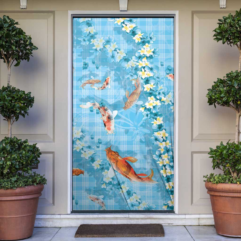 Blue Palaka Hawaiian And Japanese Door Cover Sakura Lei With Koi Fish - Polynesian Pride