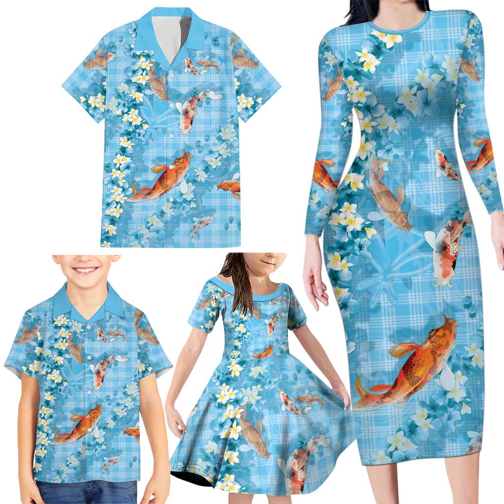 Blue Palaka Hawaiian And Japanese Family Matching Long Sleeve Bodycon Dress and Hawaiian Shirt Sakura Lei With Koi Fish DT05 - Polynesian Pride
