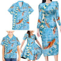 Blue Palaka Hawaiian And Japanese Family Matching Long Sleeve Bodycon Dress and Hawaiian Shirt Sakura Lei With Koi Fish DT05 - Polynesian Pride