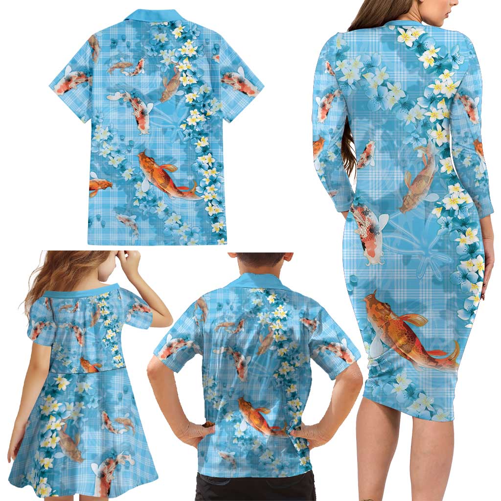 Blue Palaka Hawaiian And Japanese Family Matching Long Sleeve Bodycon Dress and Hawaiian Shirt Sakura Lei With Koi Fish DT05 - Polynesian Pride