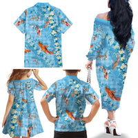 Blue Palaka Hawaiian And Japanese Family Matching Off The Shoulder Long Sleeve Dress and Hawaiian Shirt Sakura Lei With Koi Fish DT05 - Polynesian Pride