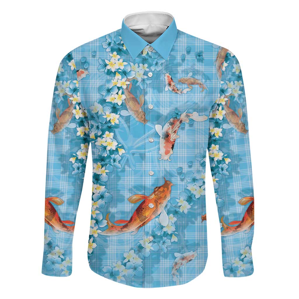 Blue Palaka Hawaiian And Japanese Family Matching Off The Shoulder Long Sleeve Dress and Hawaiian Shirt Sakura Lei With Koi Fish DT05 Dad's Shirt - Long Sleeve Blue - Polynesian Pride