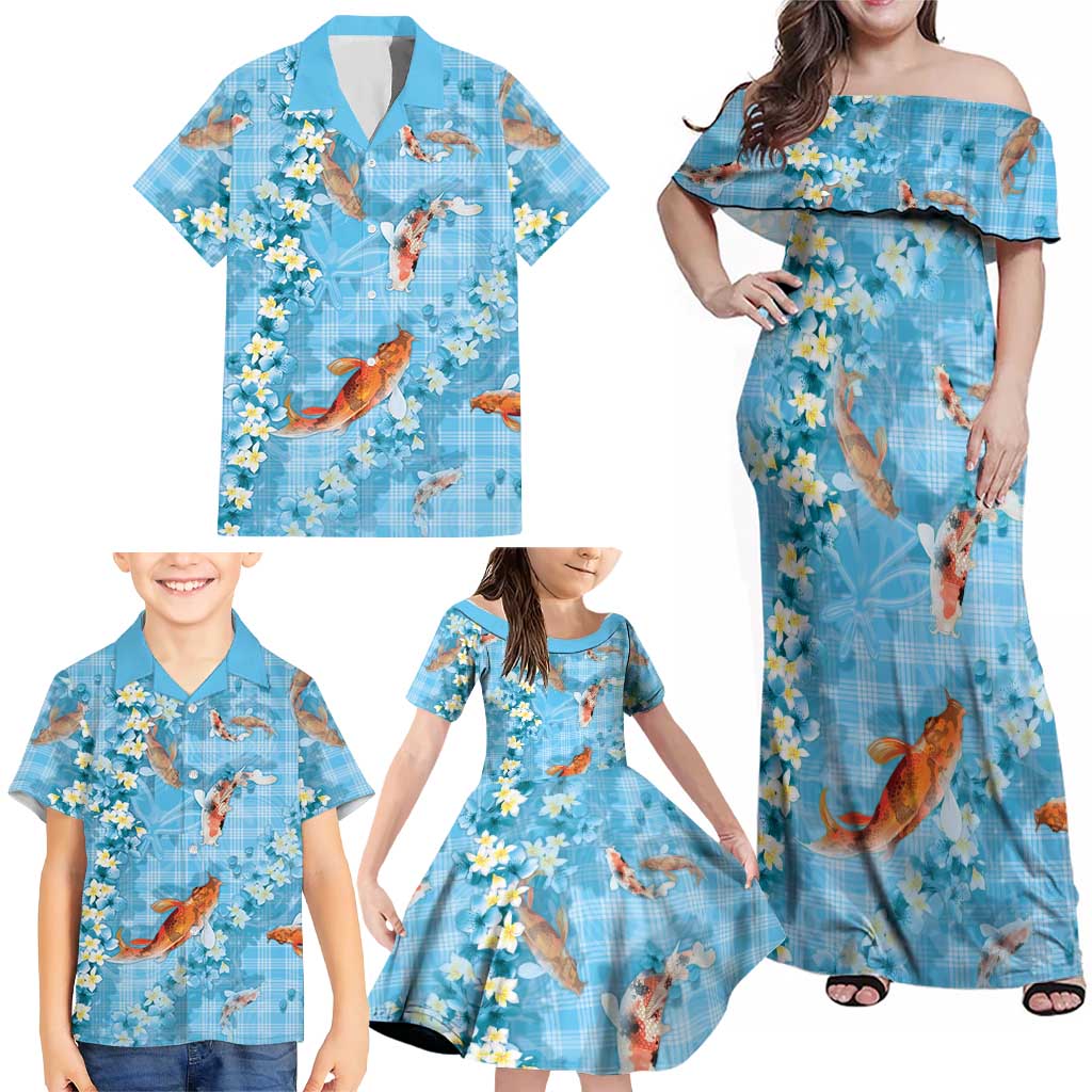 Blue Palaka Hawaiian And Japanese Family Matching Off Shoulder Maxi Dress and Hawaiian Shirt Sakura Lei With Koi Fish DT05 - Polynesian Pride