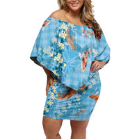 Blue Palaka Hawaiian And Japanese Family Matching Off Shoulder Short Dress and Hawaiian Shirt Sakura Lei With Koi Fish DT05 Mom's Dress Blue - Polynesian Pride