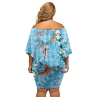 Blue Palaka Hawaiian And Japanese Family Matching Off Shoulder Short Dress and Hawaiian Shirt Sakura Lei With Koi Fish DT05 - Polynesian Pride