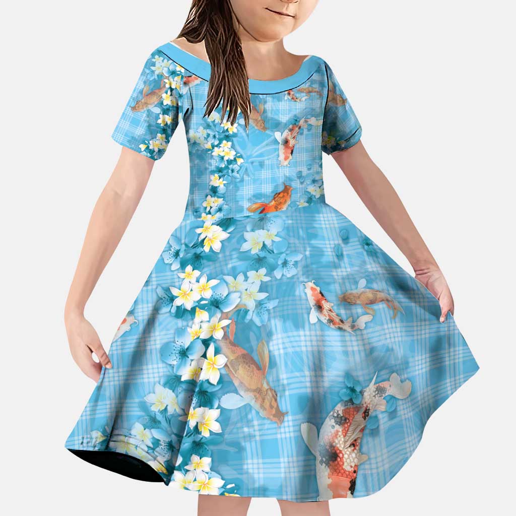 Blue Palaka Hawaiian And Japanese Family Matching Puletasi and Hawaiian Shirt Sakura Lei With Koi Fish DT05 Daughter's Dress Blue - Polynesian Pride