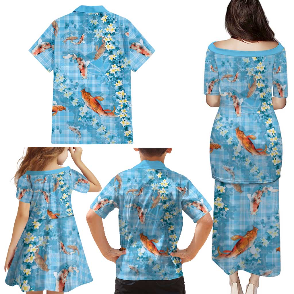 Blue Palaka Hawaiian And Japanese Family Matching Puletasi and Hawaiian Shirt Sakura Lei With Koi Fish DT05 - Polynesian Pride