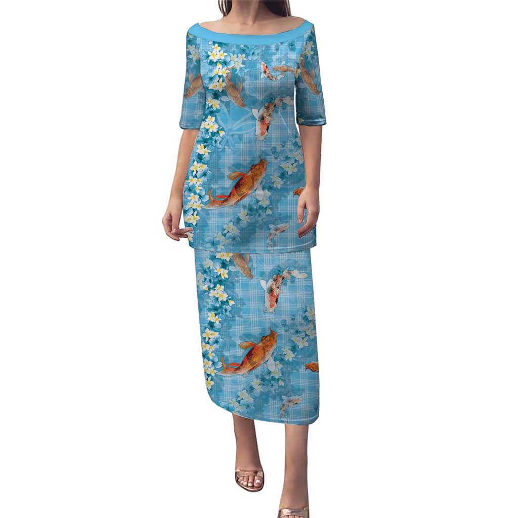 Blue Palaka Hawaiian And Japanese Family Matching Puletasi and Hawaiian Shirt Sakura Lei With Koi Fish DT05 Mom's Dress Blue - Polynesian Pride