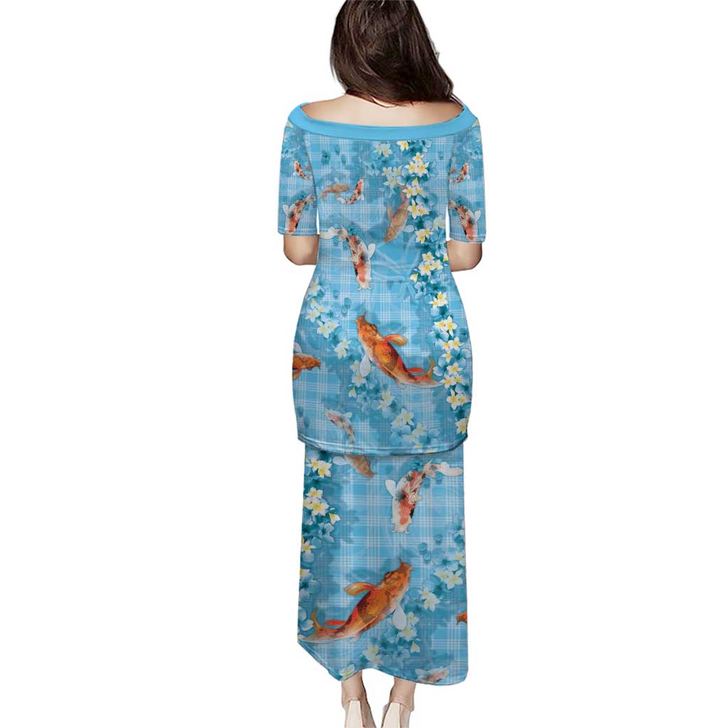Blue Palaka Hawaiian And Japanese Family Matching Puletasi and Hawaiian Shirt Sakura Lei With Koi Fish DT05 - Polynesian Pride