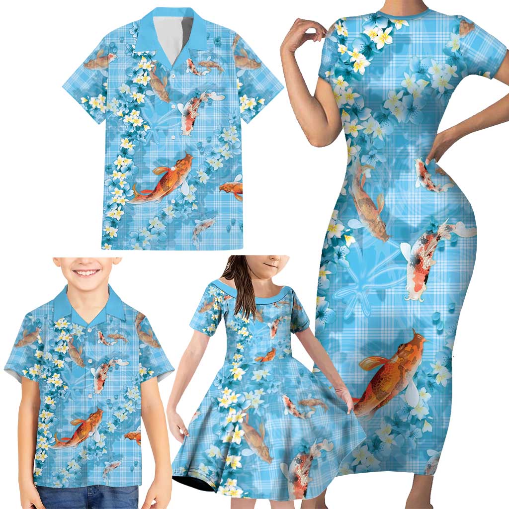 Blue Palaka Hawaiian And Japanese Family Matching Short Sleeve Bodycon Dress and Hawaiian Shirt Sakura Lei With Koi Fish - Polynesian Pride