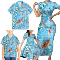 Blue Palaka Hawaiian And Japanese Family Matching Short Sleeve Bodycon Dress and Hawaiian Shirt Sakura Lei With Koi Fish DT05 - Polynesian Pride