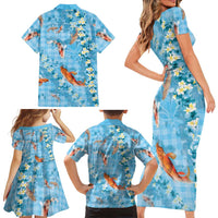 Blue Palaka Hawaiian And Japanese Family Matching Short Sleeve Bodycon Dress and Hawaiian Shirt Sakura Lei With Koi Fish DT05 - Polynesian Pride
