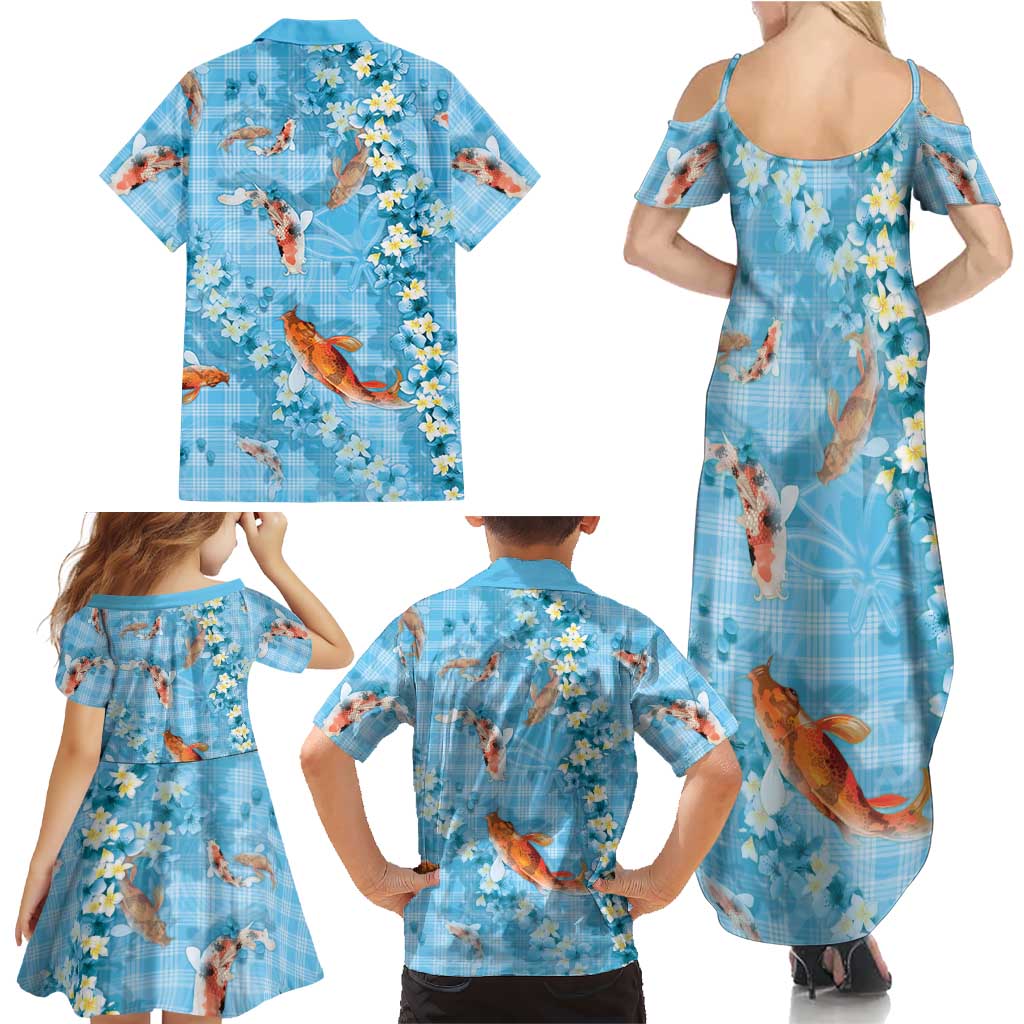 Blue Palaka Hawaiian And Japanese Family Matching Summer Maxi Dress and Hawaiian Shirt Sakura Lei With Koi Fish DT05 - Polynesian Pride