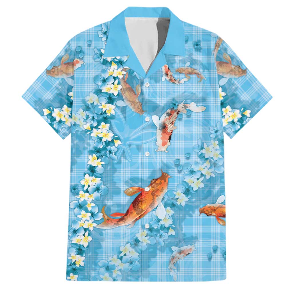 Blue Palaka Hawaiian And Japanese Family Matching Tank Maxi Dress and Hawaiian Shirt Sakura Lei With Koi Fish DT05 Dad's Shirt - Short Sleeve Blue - Polynesian Pride