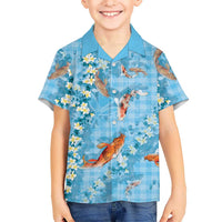 Blue Palaka Hawaiian And Japanese Family Matching Tank Maxi Dress and Hawaiian Shirt Sakura Lei With Koi Fish DT05 Son's Shirt Blue - Polynesian Pride