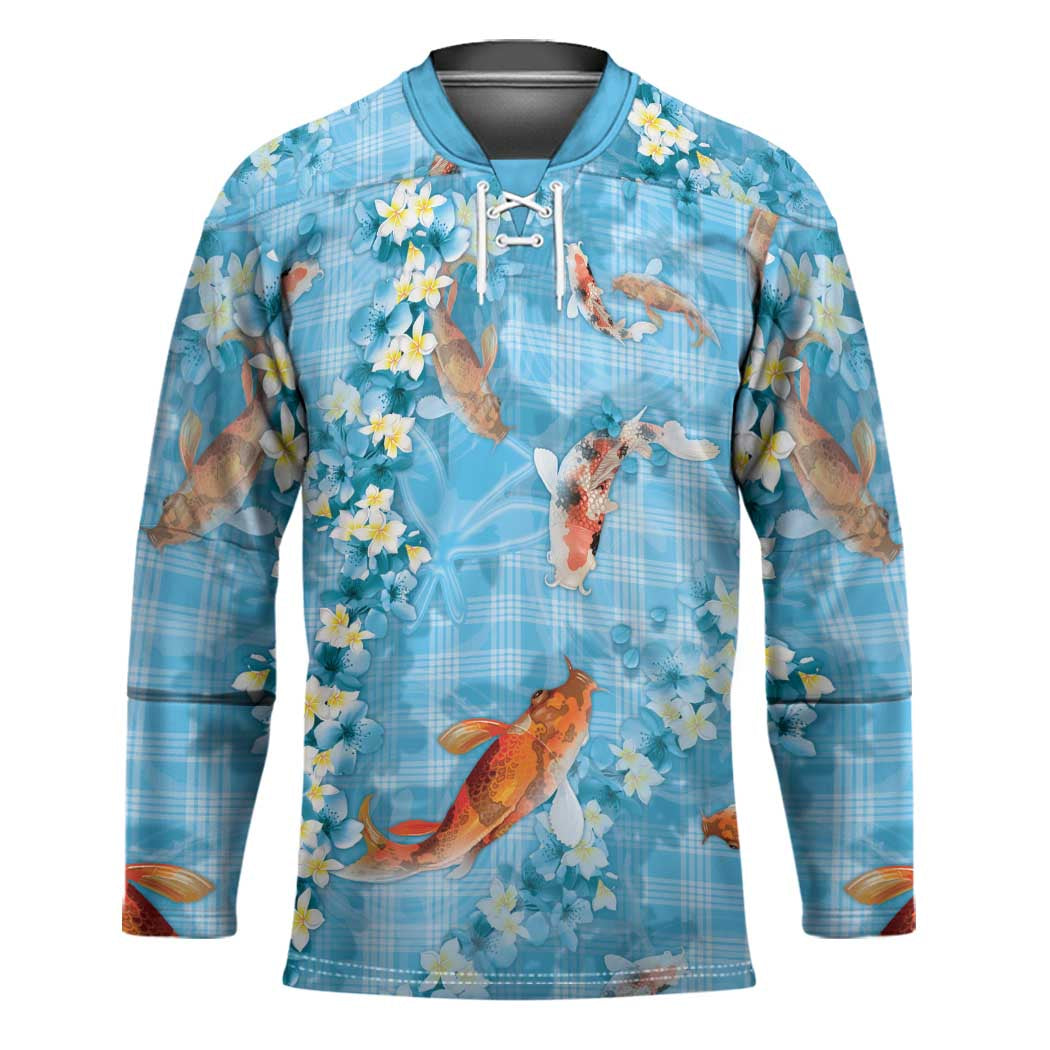 Blue Palaka Hawaiian And Japanese Hockey Jersey Sakura Lei With Koi Fish - Polynesian Pride
