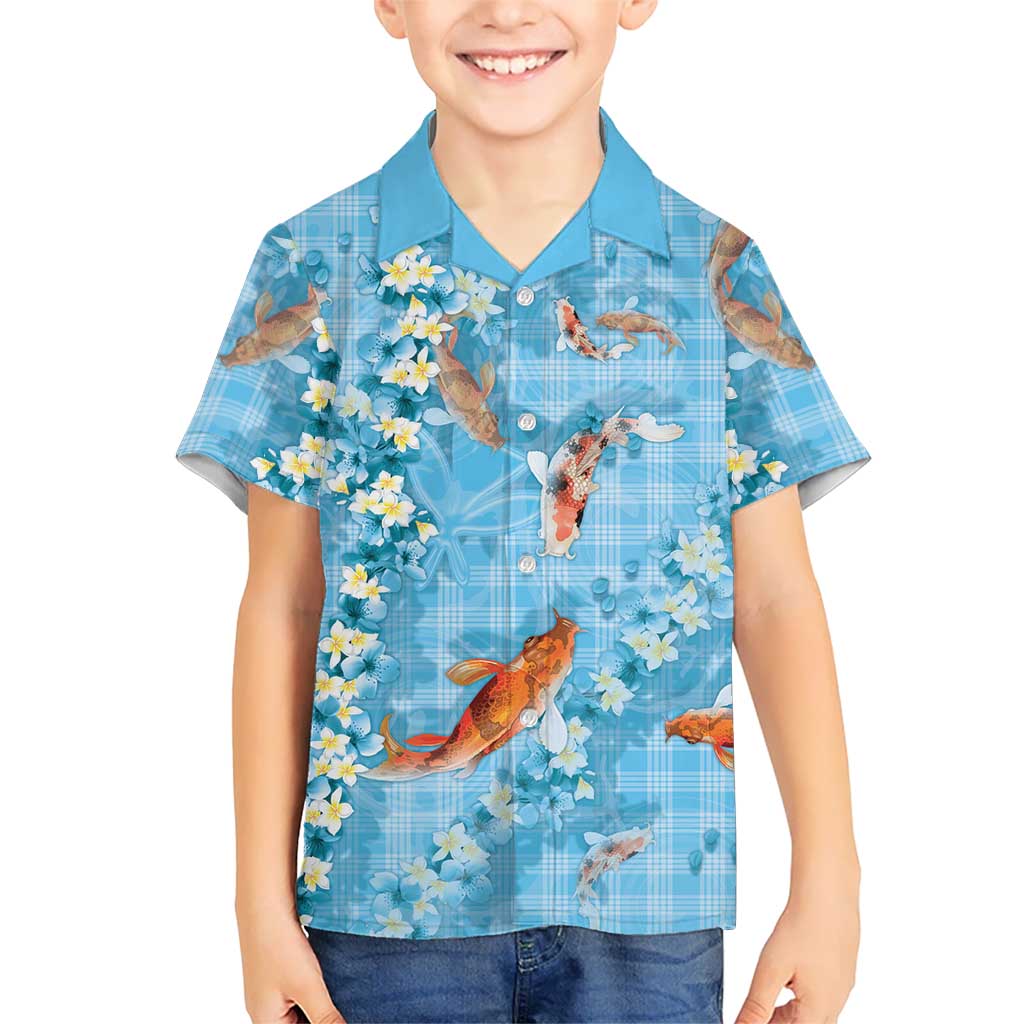 Blue Palaka Hawaiian And Japanese Kid Hawaiian Shirt Sakura Lei With Koi Fish - Polynesian Pride