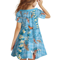 Blue Palaka Hawaiian And Japanese Kid Short Sleeve Dress Sakura Lei With Koi Fish - Polynesian Pride