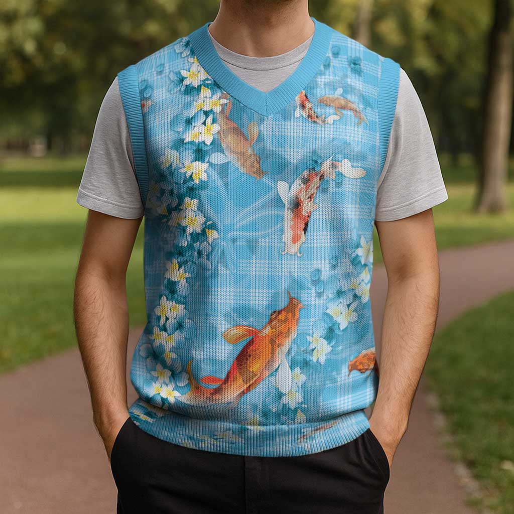 Blue Palaka Hawaiian And Japanese Christmas Knitted V-Neck Vest Sakura Lei With Koi Fish - Polynesian Pride