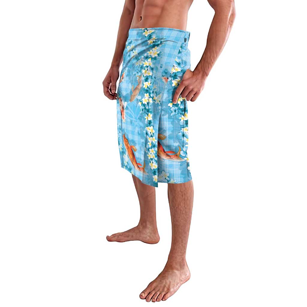 Blue Palaka Hawaiian And Japanese Lavalava Sakura Lei With Koi Fish - Polynesian Pride