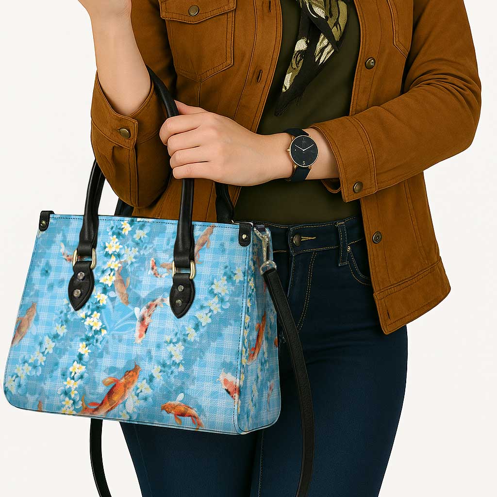 Blue Palaka Hawaiian And Japanese Leather Bag Sakura Lei With Koi Fish - Polynesian Pride